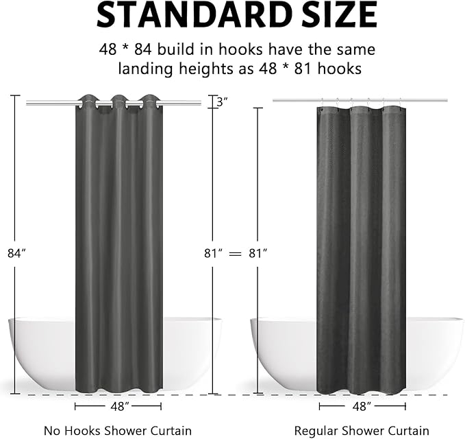 Furlinic No Hook Stall Size Shower Curtain,48 x 84 Inch Small Half Narrow Shower Curtain Liner,Waterproof Fabric Bathroom Curtains with 6 Plastic Split Grommets,Hotel Grade Machine Washable,Dark Grey