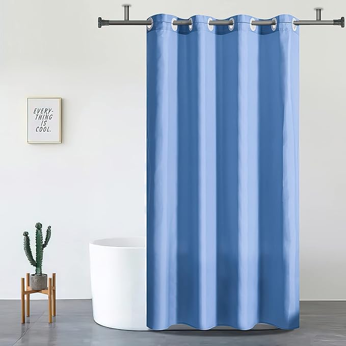 Furlinic Extra Wide Shower Curtain No Hooks Needed,Polyester Fabric Shower Curtain Liner with 12 Plastic Split Grommets,Waterproof & Machine Washable Hotel Style for Bathroom,Light Blue 96x72 inch