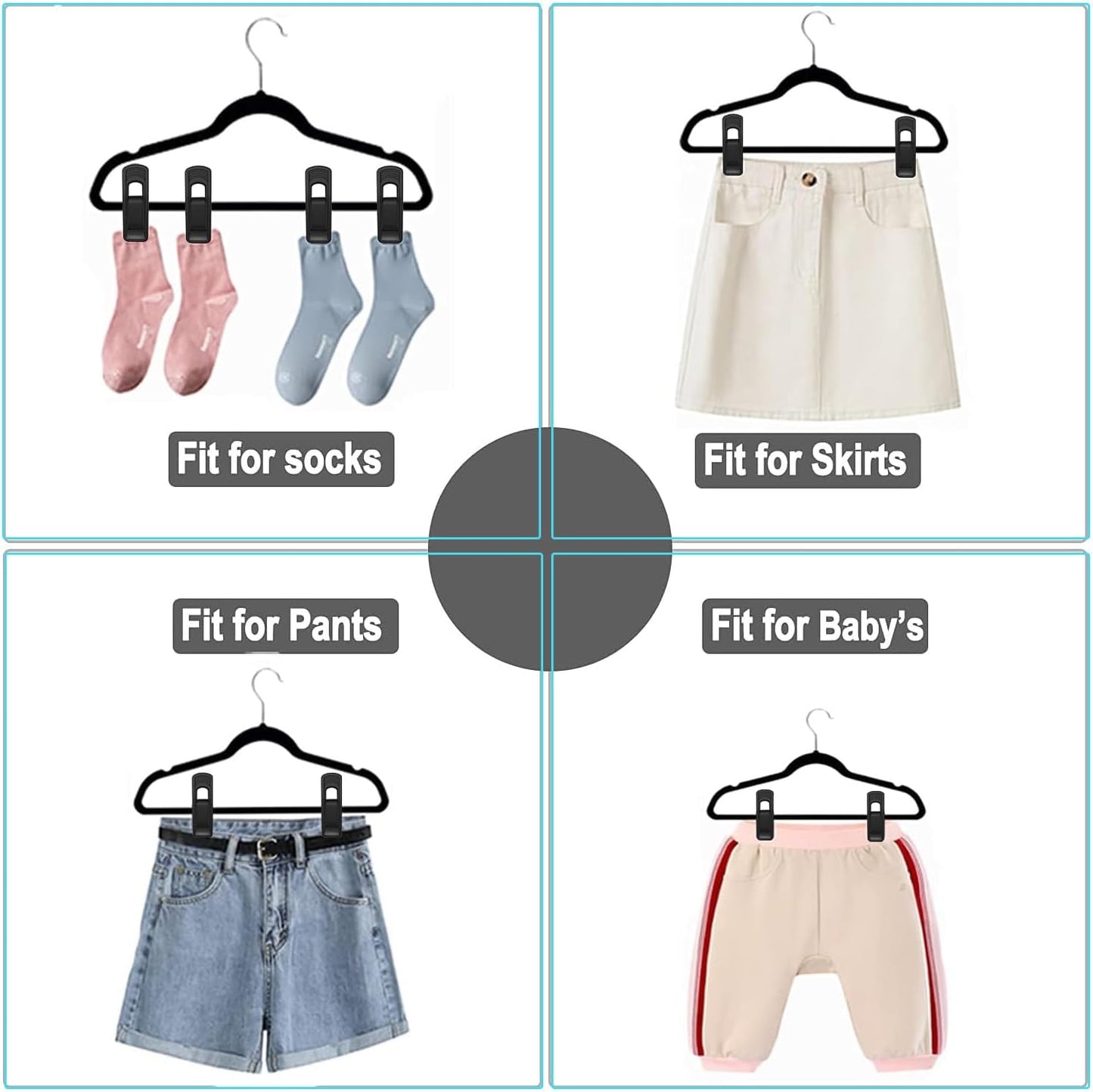 Hanger Clips Perfect for Velvet Hangers (Black, 20 PCS), Non-Slip Plastic Clips Pant Skirt Hanger Clips for Black Flocking Hangers