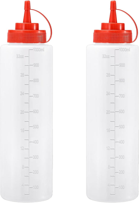 Condiment Squeeze Bottles Ketchup Dispenser, 2 Pack 32oz Squeeze Bottles for Liquids, Plastic Sauce Bottle with Cap Lid, Squirt Bottles for Sauces Liquids BBQ Dressing Pancake Art
