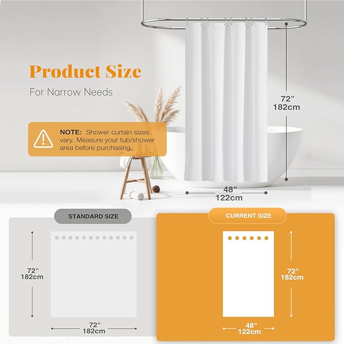 BTTN Fabric Shower Curtain, Linen Textured Heavy Duty Polyester Cloth Shower Curtain Set with Plastic Hooks, White, 48" W x 72" L (Pack of 1)