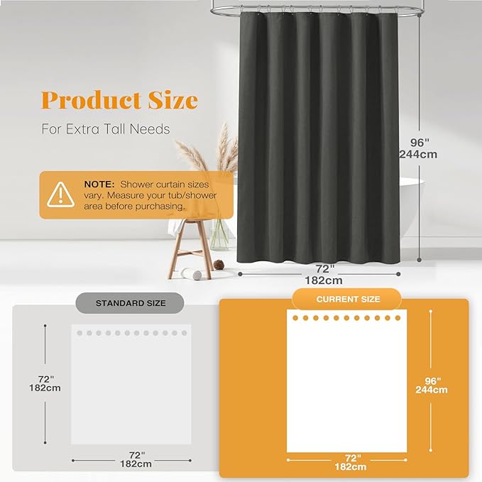 BTTN Grey Extra Long Shower Curtain, 72x96 Inch Long Linen Textured Heavy Duty Fabric Shower Curtain Set with 12 Hooks, Tall Simple Neutral Waterproof Cloth Shower Curtain for Bathroom, Charcoal Gray
