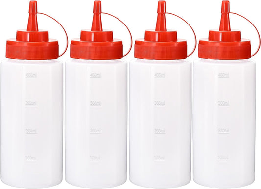 Condiment Squeeze Bottles Ketchup Dispenser, 4 Pack 16oz Squeeze Bottles for Liquids, Plastic Sauce Bottle with Cap Lid, Squirt Bottles for Sauces Liquids BBQ Dressing Pancake Art