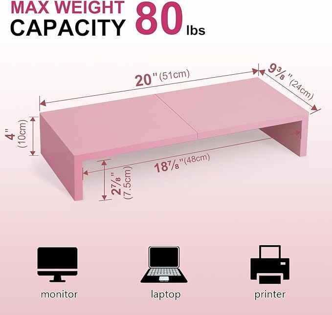 TEAMIX Pink Monitor Riser-20L inch, Wood Monitor Stand for Desk, Sturdy TV/Screen/PC/Printer/Laptop Riser,Computer Shelf with Storage TV Holder for Home Office (Pink, 20 inch)