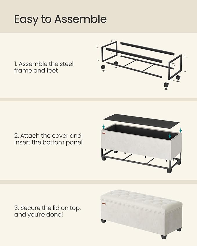 SONGMICS Velvet Storage Ottoman Bench, Foot Rest with Legs, 15.7 x 43 x 15.7 Inches, End of Bed Bench, Storage Chest, Load up to 660 lb, for Living Room, Bedroom, Entryway, Cream White ULSF089W01