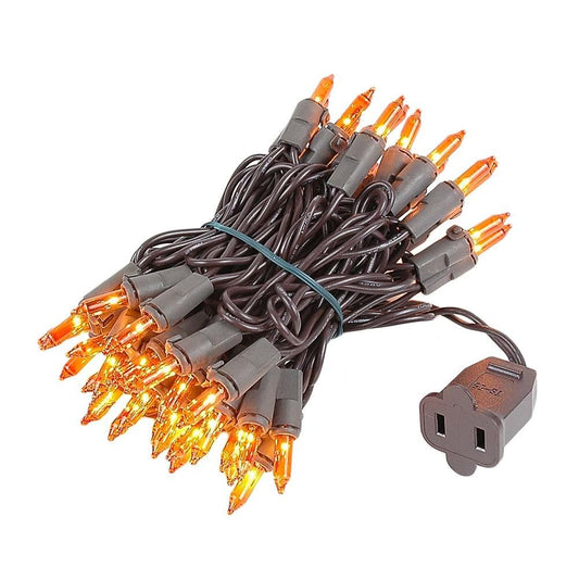 Novelty Lights 11 Ft 50 Bulbs Incandescent Mini Lights, Amber, Brown Wire, Commercial Grade, UL Listed, Model MRD-25B-2