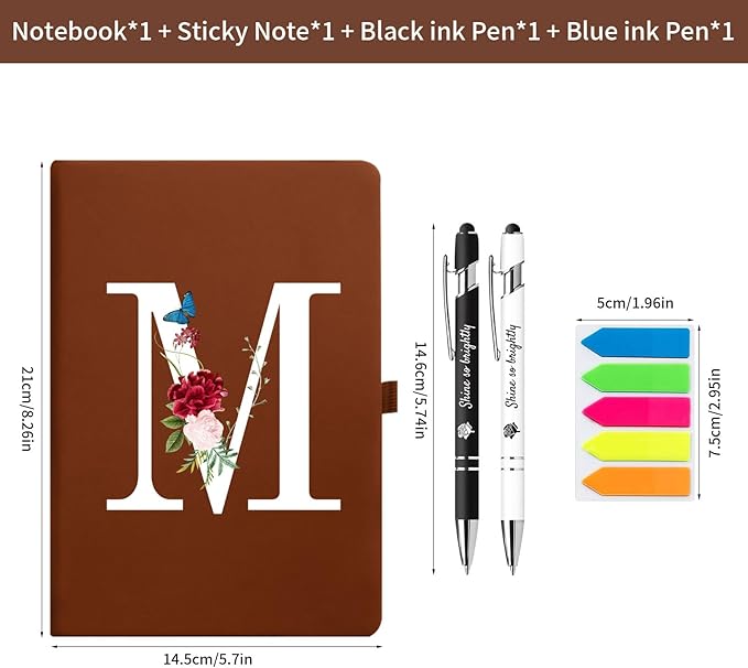 Premium Hardcover Executive Notebook and Pen Set - A5 Journal Notebook 192 Line Pages, 2 Smooth-Writing Ballpoint Pens, Arrow Sticky Notes - For Office & School Supplies Letter M Floral Design Brown