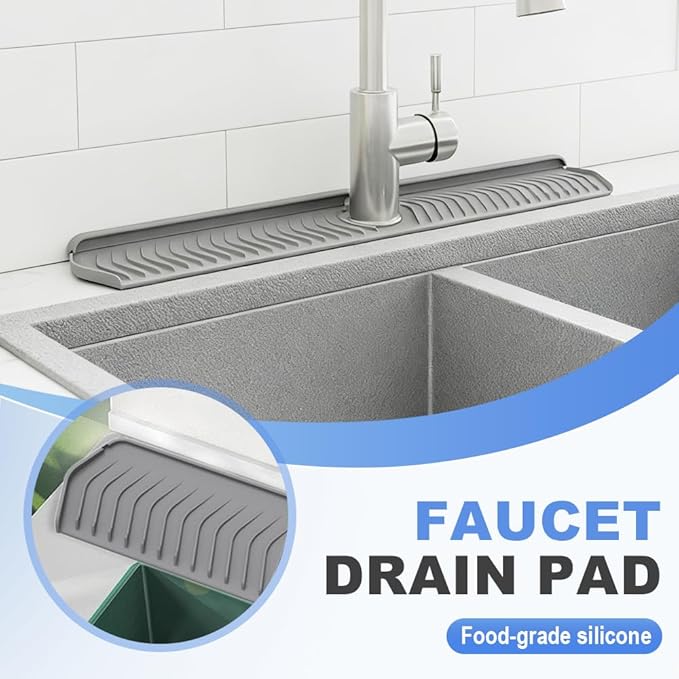 Kitchen Sink Faucet Mat, 2025 New Foldable Faucet Mat for Kitchen Sink, 30in Silicone Faucet Guard & Draining Mat Keep Countertops Dry Splash Guard (White, 30in)