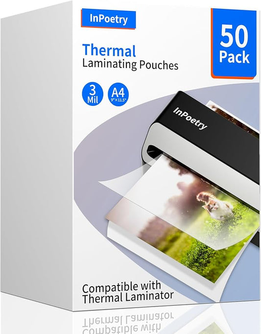 Thermal Laminating Sheets, 9” x 11.5” Laminating Sheets, 3 Mil Thickness Clear Laminating Pouches, Compatible Thermal Laminators, 50 Packs.