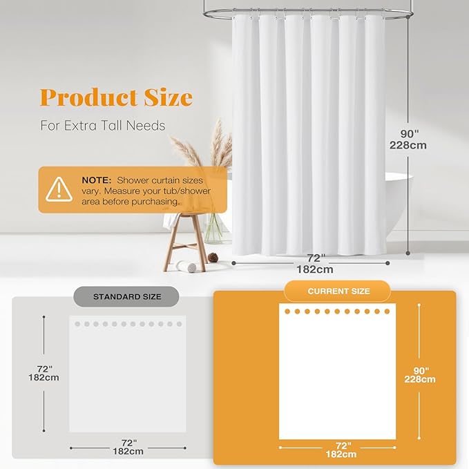 BTTN Extra Long Fabric Shower Curtain - 72x90 Inch Linen Textured Heavy Duty Cloth Shower Curtain Set with Plastic Hooks, Modern Hotel Luxury Waterproof Polyester Shower Curtains for Bathroom, White