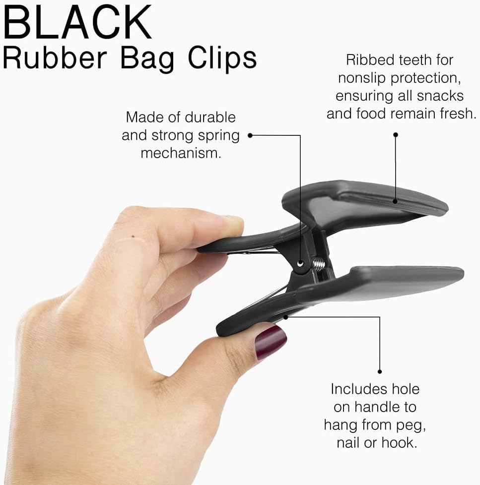 COOK WITH COLOR Bag Clips, Heavy Duty Chip Clip and Refrigerator Magnet Clips for Food Storage with Air Tight Seal Grip for Snack Bags and Food Bags (Black, Pack of 8)