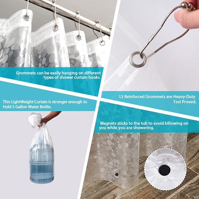 Ga-Geetopia Extra Long - EVA Clear Shower Curtain Liner, Pebble Pattern 72x92 Inch Lightweight Plastic Bathroom Shower Showroom Inner Curtain with Rustproof Metal Grommets and Weighted Magnets