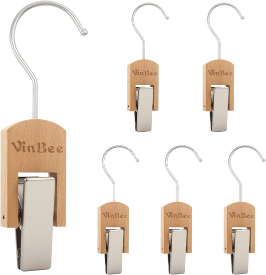 VinBee 6 PCS Hooks with Clips for Hanging,Wooden Laundry Hooks Hanging Clips Hook,Clothes Pins with Hook,Wooden Closet Organizer Clamps Clothes Clip Laundry Clip with Hook for Pants Hats Socks Gloves