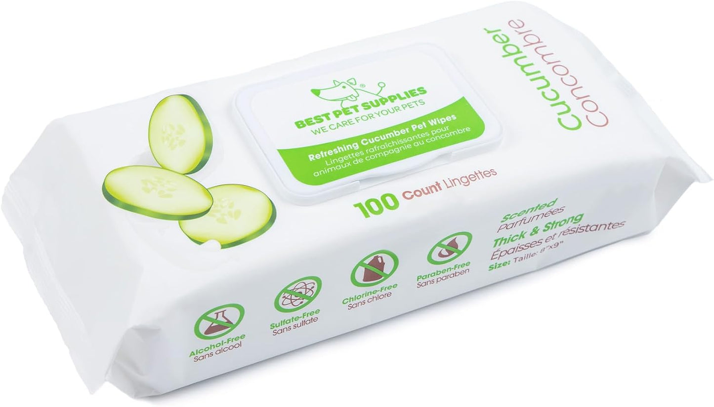 Best Pet Supplies Pet Wipes for Dogs - Dog Wipes Cleaning Deodorizing, for Coats, Ears, Paws – Refreshing, Cucumber 100 Count