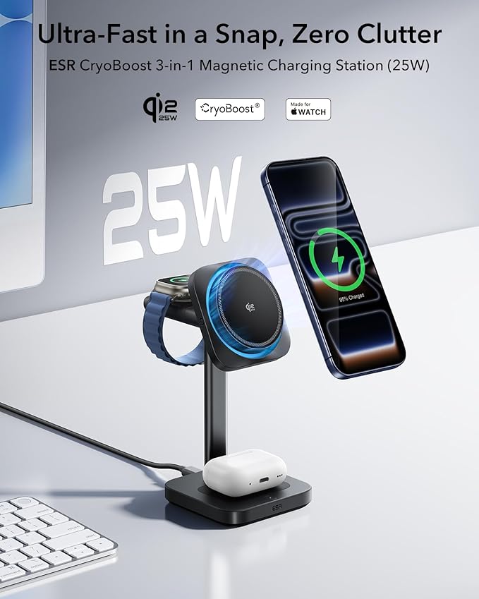 ESR for 3 in 1 Charging Station, Qi2.2 Certified 25W MagSafe Charger Stand with CryoBoost, Phone-Cooling Fast Charging Station, for iPhone 17/16 with iOS 26, AirPods, Apple Watch, Black