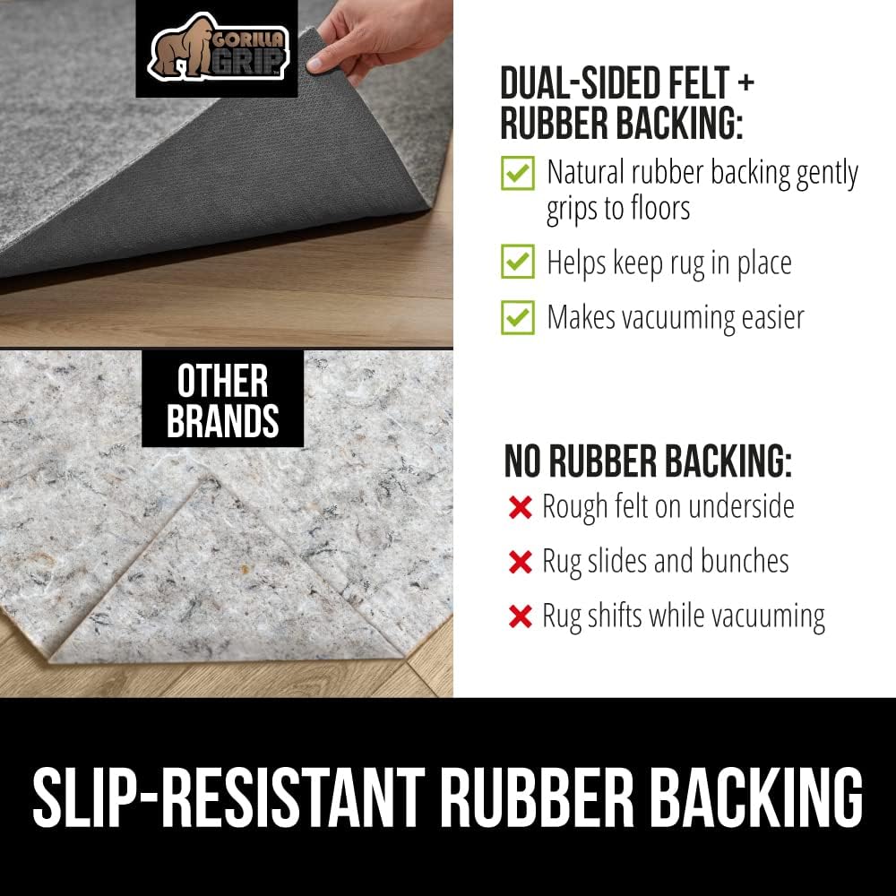 GORILLA GRIP Felt and Natural Rubber Stay in Place Slip Resistant Rug Pad, 1/4in Thick, 9x12 FT Protective Padding Under Area Rugs, Cushioned Gripper Pads, Carpet Runners, Hardwood Floors Protection