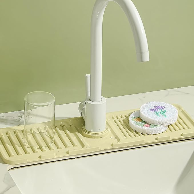 Faucet Mat for Kitchen Sink - 2024 Premium Upgrade: Enhanced Silicone Splash Guard with Rapid Drying & Dish Soap Sponge Holder, Perfect for Stone Sinks in Kitchen & Bathroom (Beige, 3 Pack)