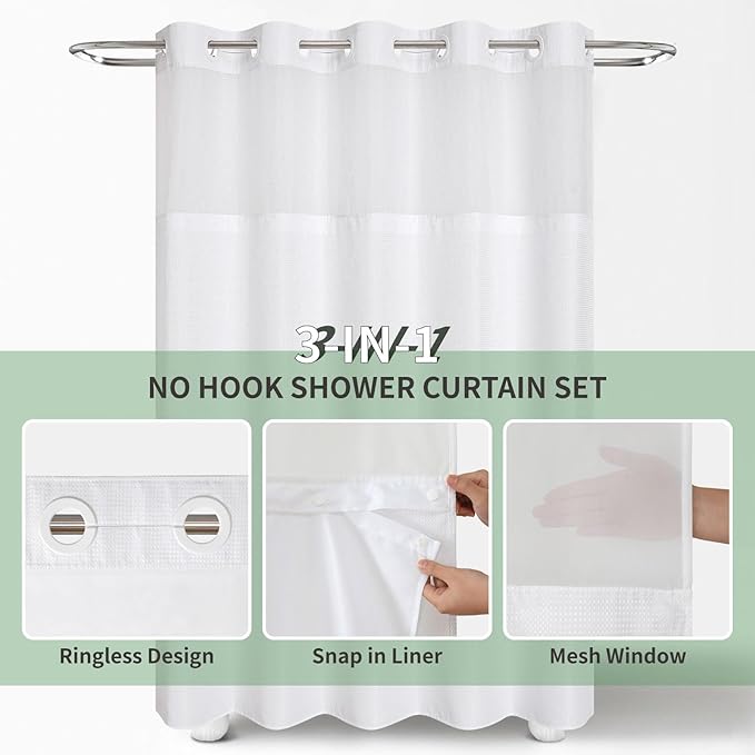 Long No Hook Shower Curtain with Snap-in Fabric Liner Set,White Waffle Weave Shower Curtains for Bathroom,Hotel Luxury Decor Bathroom Curtain Set,Waterproof & Washable,71Wx80H