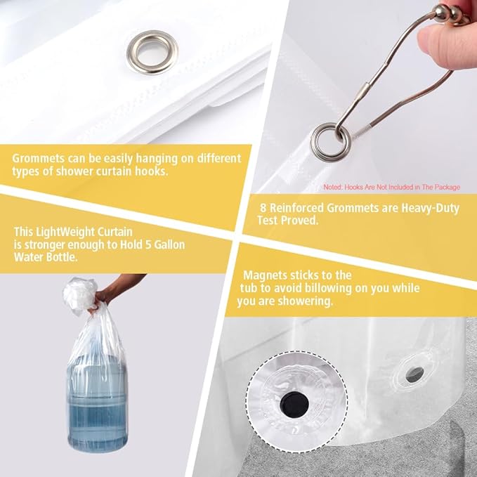 Short Size PEVA Plastic Shower Curtain Liner Premium Light Weight 47" x 64" Clear Bathroom Shower Showroom Curtain Liner with Rustproof Metal Gromments and Weighted Magnet