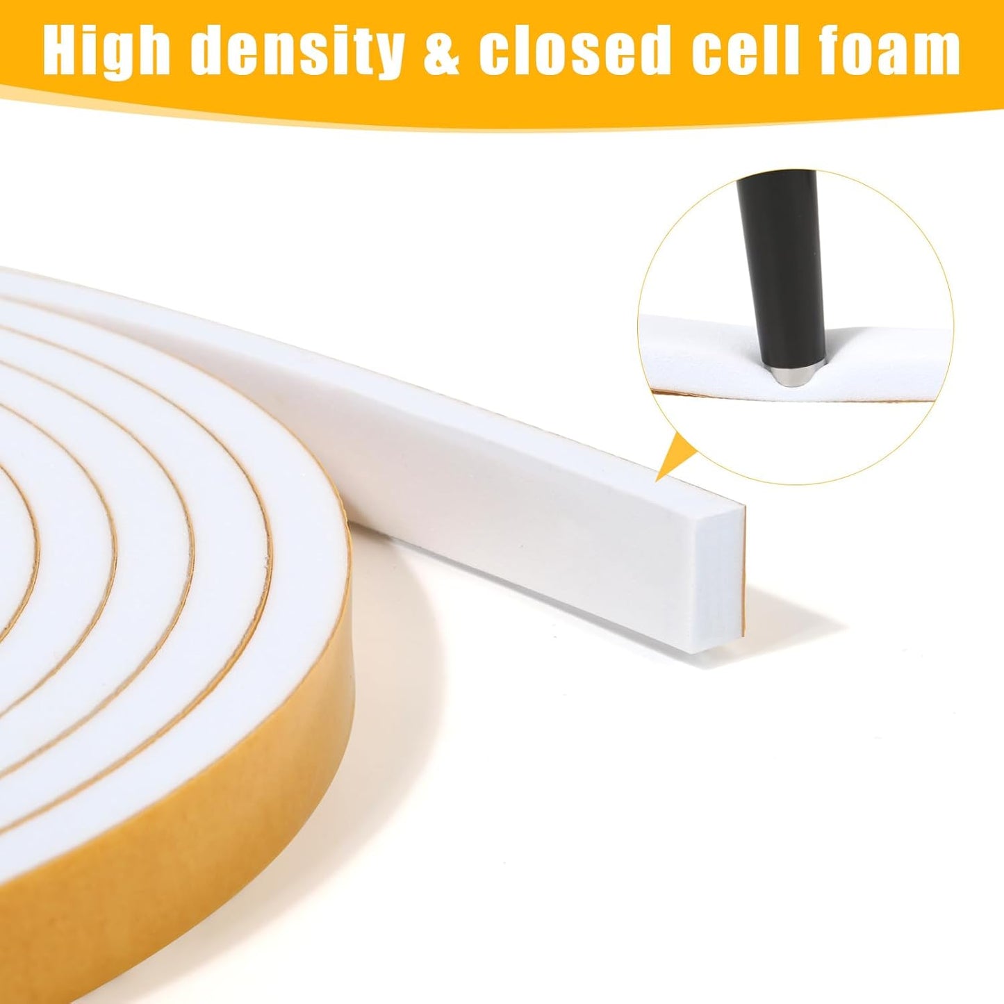 26Feet Weather Stripping Seal (1/2 Inch X 1/8 Inch) for Door Window, High Density Foam Tape, Soundproofing, Insulation Strip, Door Sealers for Door Frame- White