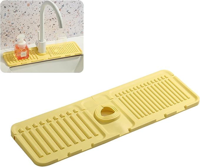 Faucet Mat for Kitchen Sink - 2024 Premium Upgrade: Enhanced Silicone Splash Guard with Rapid Drying & Dish Soap Sponge Holder, Perfect for Stone Sinks in Kitchen & Bathroom (Yellow, 2 Pack)