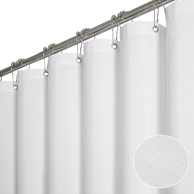 BTTN Fabric Shower Curtain, Linen Textured Heavy Duty Polyester Cloth Shower Curtain Set with Plastic Hooks, White, 48" W x 72" L (Pack of 1)