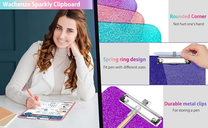 Sparkly Clipboard with Pen Holder, Clear Plastic Glitter Clip Board, Hanging Shiny Clipboards with Low Profile Metal Clip, Letter A4 Size for Taecher Women Office School (Rose Pink)