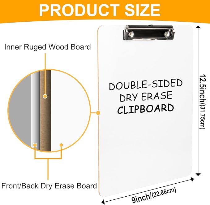 Dry Erase Wood Clipboard, Hardboard Clip Board 8.5x11 for Classroom, Students, Kid, Size 9" x 12.5", Double-Sided White Board, with Low Profile Clip, Office & School Supply
