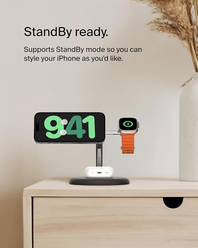 Belkin MagSafe-Compatible 3-in-1 Wireless Charger Stand 15W - Qi2-Certified Wireless Charging Station, Fast Charging of iPhone 16, AirPods, & Apple Watch - 36W Included - Black