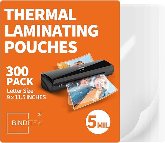 Binditek Laminating Sheets 5 Mil, Universal Fit for All Thermal Laminators, 300 Pack Thermal Laminating Pouches, Letter Size 8.5 x 11 in, Clear Glossy