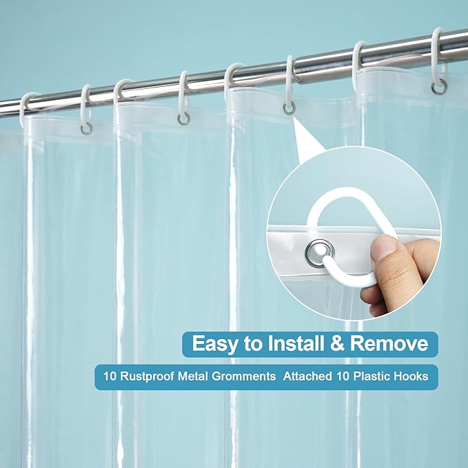 EurCross Clear PEVA Bathroom Shower Curtain Liner 64x72 inch, Waterproof High-Grade See-Through Plastic Shower Curtain with 5 Magnets,10 Metal Grommets and Hooks