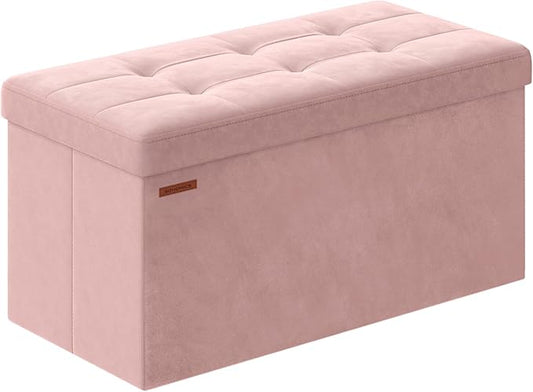 SONGMICS Mazie Collection - Storage Ottoman Bench, Foldable Foot Rest, 15 x 30 x 15 Inches, End of Bed Bench, Storage Chest, Load 660 lb, Living Room, Bedroom, Entryway, Jelly Pink ULSF247R01