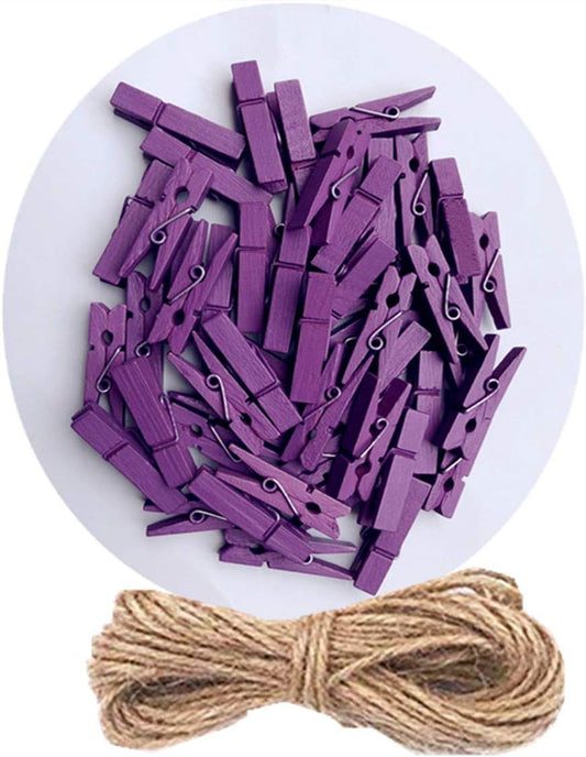 DurReus 50 Piece Small Wood Clips Mini Clothespins with Spring Jute Twine Durable Wall Peg Pin for Craft,Art Project,DIY,Party Decorative Purple