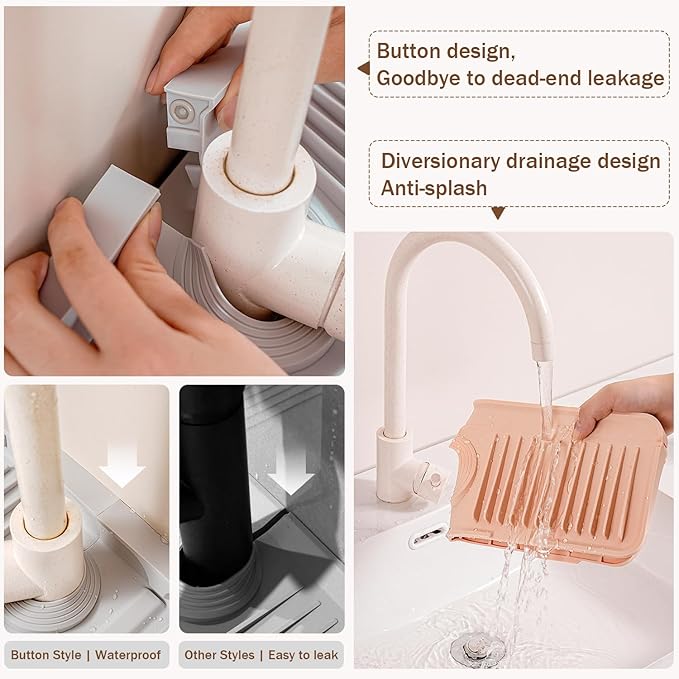 Longer Silicone Faucet Mat for Kitchen Sink – Button Style Faucet Drip Catcher & Leak-Proof Sink Splash Guard with 6° Slope, Behind Faucet Draining Mat,Gadgets for Bathroom (light grey, small)