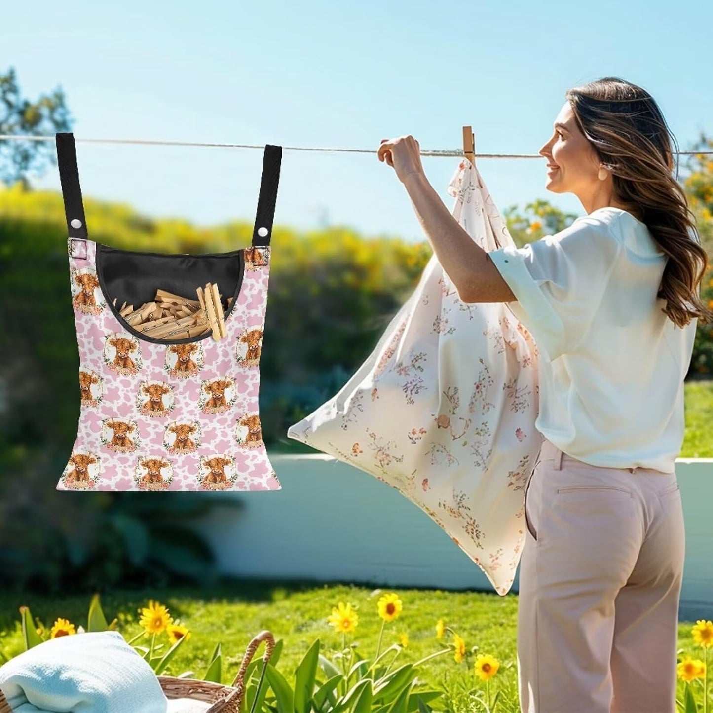 Cattle Clothespin Bags with Hanging Rope Pink Cow Print 14.5 x 12 Inch Summer Waterproof Laundry Clothes Pin Holder Clothespin Storage Organizer with Large Opening