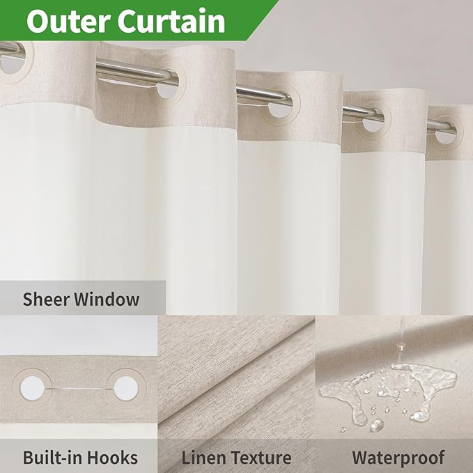 Extra Long No Hooks Needed Linen Textured Shower Curtain with Snap-in Fabric Liner Set,Cream Hotel Luxury Decor Shower Curtains for Bathroom,Waterproof & Washable,71Wx86H