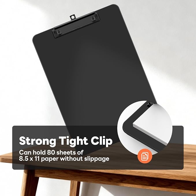 Plastic Clipboard Set of 24, 12.5 x 9'' Letter Size for Classroom, Students, Teacher, Nurse, A4 Black 8.5 x 11'' Clip Board with Low Profile Black Clip, Office & School Supplies