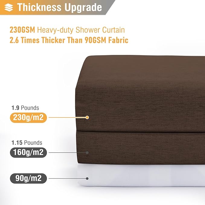 BTTN Fabric Shower Curtain, Linen Textured Heavy Duty Polyester Cloth Shower Curtain Set with Plastic Hooks, Brown, 72x78
