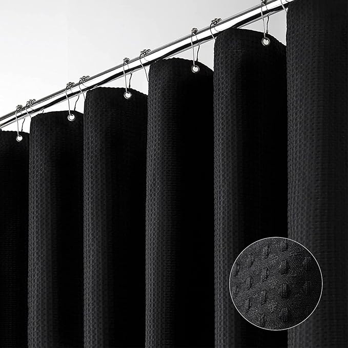 Dynamene 60 inch Stall Shower Curtain - Waffle Weave Heavy Duty Thick Fabric Shower Curtains for Bathroom,Weighted Hotel Spa Luxury Cloth Bath Curtain Set with 10 Plastic Hooks,60x72, Black