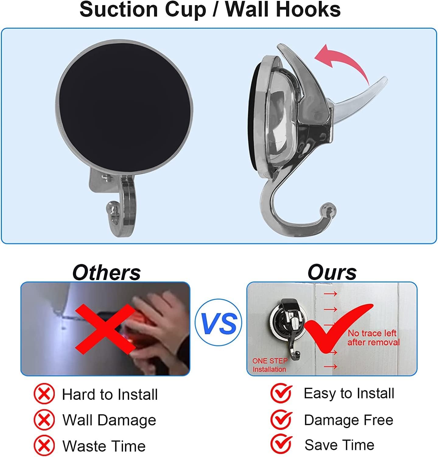 Heavy Duty Suction Cup Hooks for Shower, Bathroom Robe - Vacuum Glass Hooks, Reusable, No Hole Punched, for Garland Decoration (Silver Grey, 6 Pack)