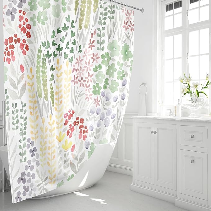 Cute Floral Shower Curtain 60x72, Sage Green Boho Flower Fabric Shower Curtain, Funky Watercolor Wildflower Shower Curtain Set, Cottagecore Bohemian Bathroom Decor