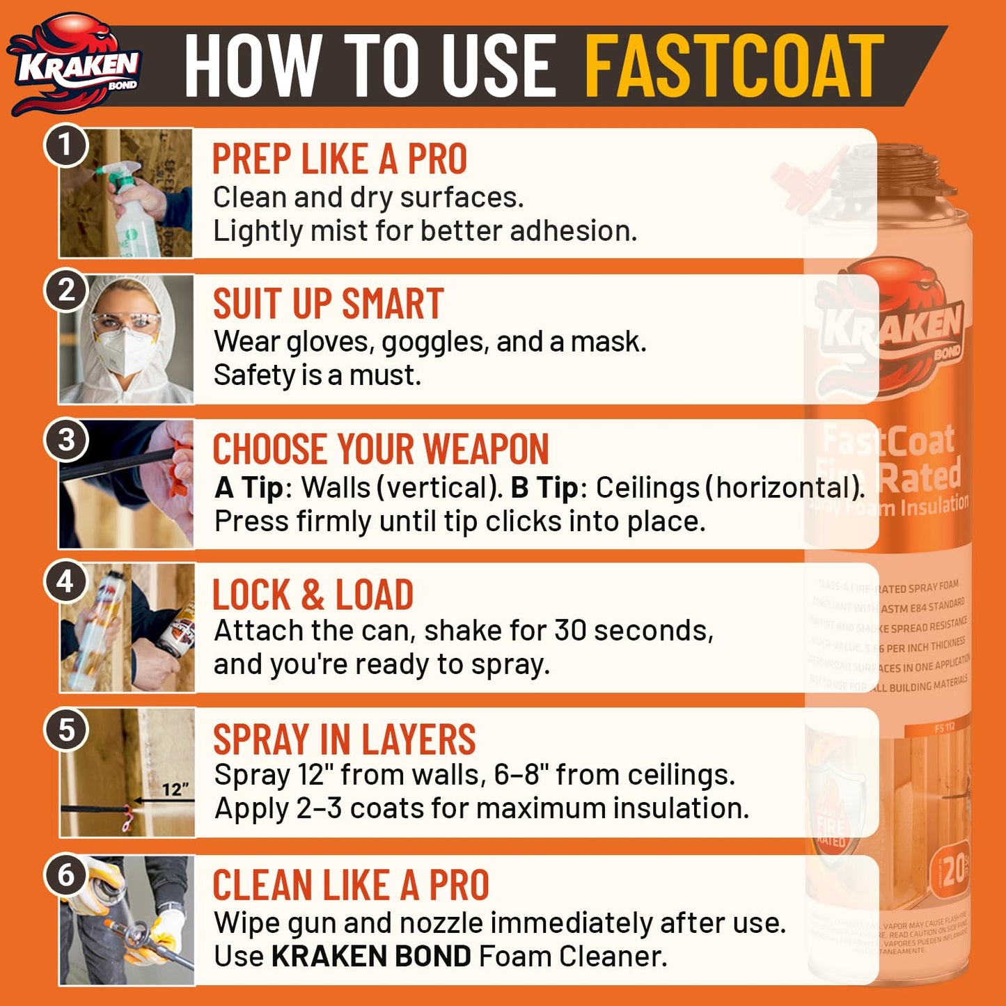 Kraken Bond Fastcoat Fire Rated Spray Foam Insulation Kit Closed Cell in a Can 120 sq ft (6x27.1 oz.) (R-Value 11.32 / 2in) - Spray Foam for Garage Door, Attic, Wall Gun & Cleaner Not Included, 6 Pack