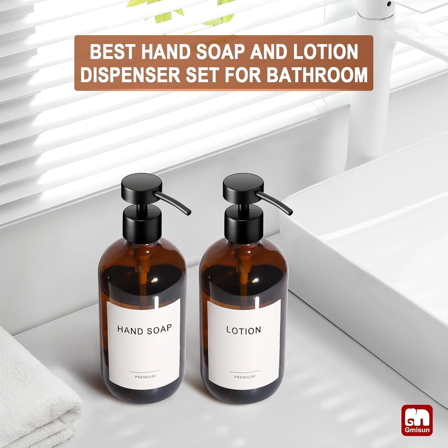 GMISUN Amber Glass Soap Dispenser, 2 Pack Bathroom Hand Soap Dispensers with Stainless Steel Flat Pump, 17 Fl Oz Kitchen Dish Soap Dispenser, Modern Vintage Liquid Brown Soap Dispensers Bottle Set