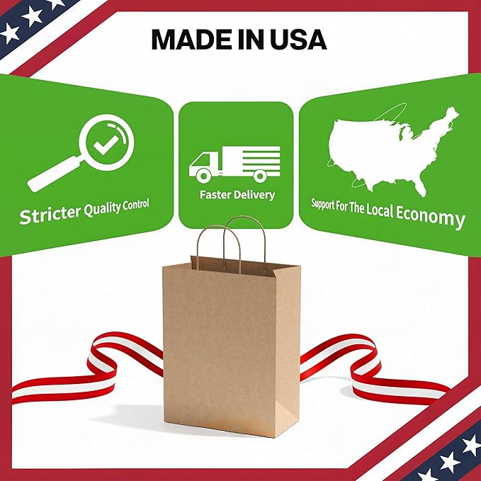 Simple Deluxe 250 Pack Kraft Paper Bags with Handles 10x5x13 - Made in USA -15 Lb Max Load - 100% Recycled Natural Brown Shopping Bags for Retail, Gifts & Merchandise (Premium 90GSM)