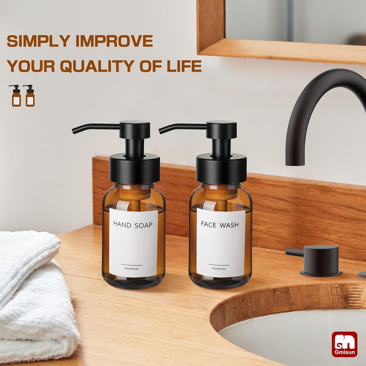 GMISUN Foaming Soap Dispenser, 8.5 fl oz / 250ml Amber Glass Foam Soap Dispenser for Bathroom & Kitchen, 2 Pack Modern Refillable Foaming Hand Soap Dispensers, Foam Pump Bottle with Waterproof Labels