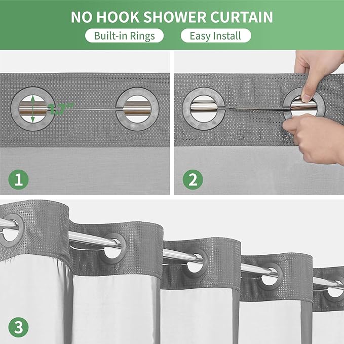 No Hook Waffle Weave Shower Curtain with Snap-in Fabric Liner Set,Grey Shower Curtains for Bathroom with See Through Top Window,Water Repellent & Washable,71Wx74H,Gray