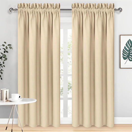 DWCN Blackout Curtains Room Darkening Thermal Insulated Bedroom Curtains Window Curtain Panels, 42 x 84 inches Long, Set of 2 Beige Rod Pocket Drapes