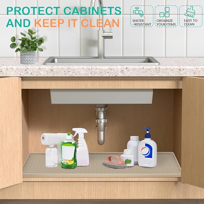Waterproof Under Sink Mat 34" x 19", Silicone Cabinet Liner, Rubber Protector for Kitchen and Bathroom, Keeps Cabinets Clean, Dry, and Organized (Brown)