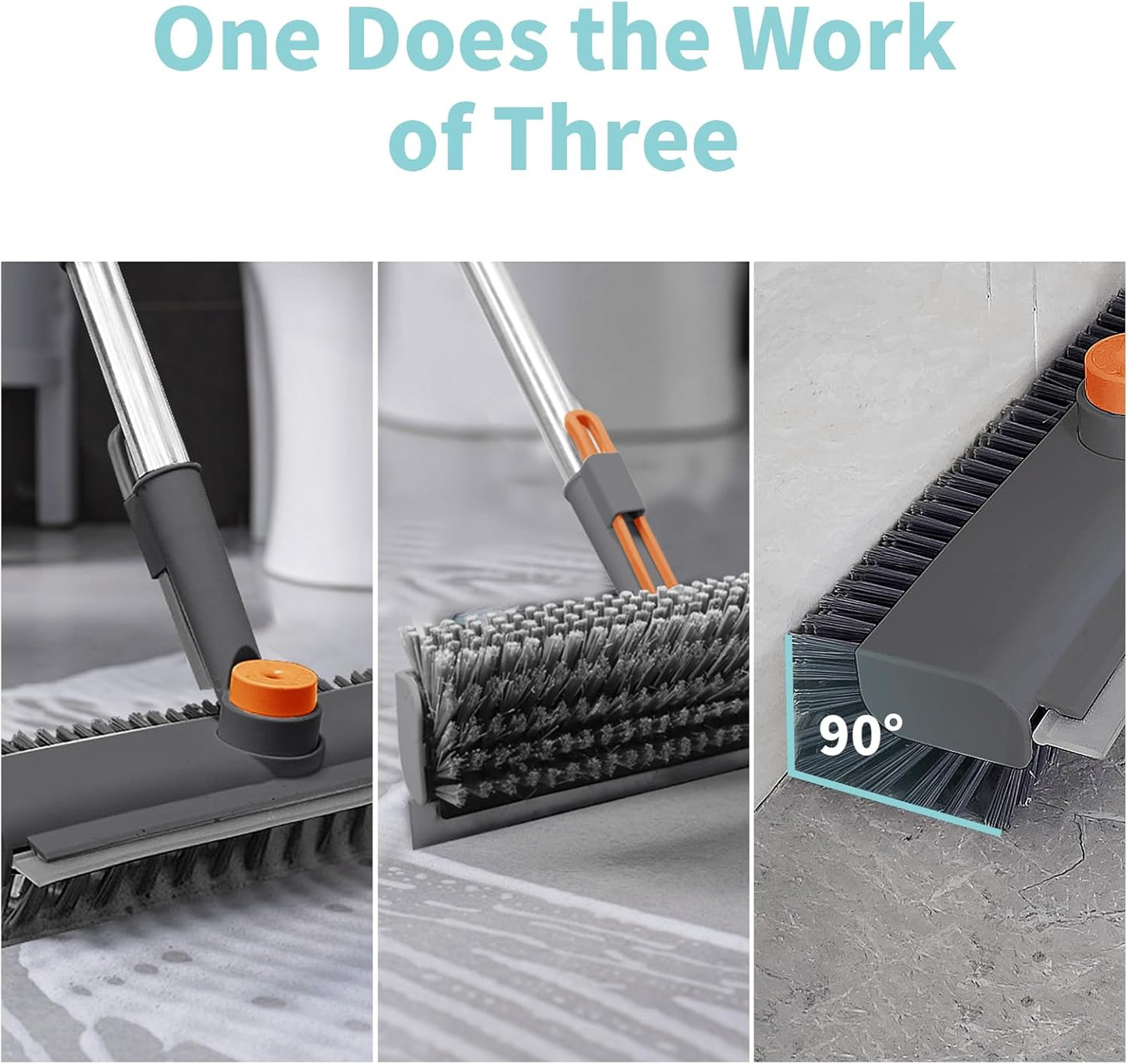 Floor Scrub Brush with Long Handle, 3 in 1 Scrape and Heavy-Duty Stiff Bristle Scrubber Brush for Cleaning Shower Bathroom, Patio, Garage, Kitchen, Wall and Deck (Gray, 1 Pack)