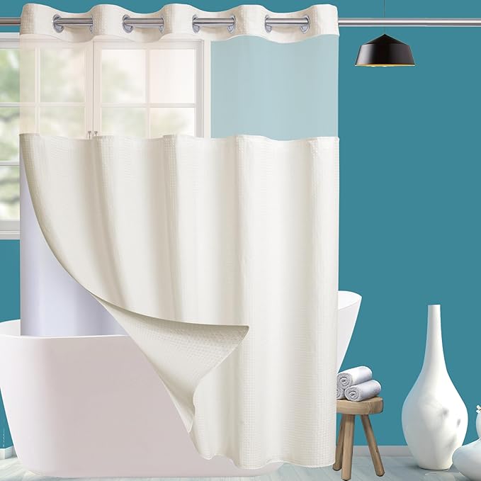 Conbo Mio No Hook Waffle Weave Shower Curtain with Snap in Liner Set, Hotel Luxury Beige Shower Curtains for Bathroom with See Through Top Window, Waterproof, Washable 71W x 74H